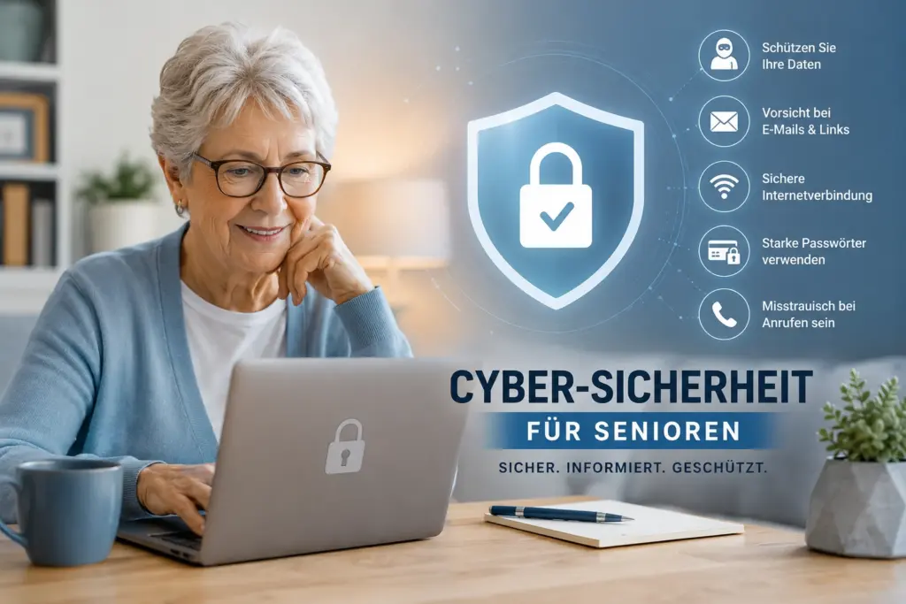 Seniorin nutzt einen Laptop, daneben ein digitales Schutzschild und Hinweise zu Datenschutz und sicheren Passwörtern.