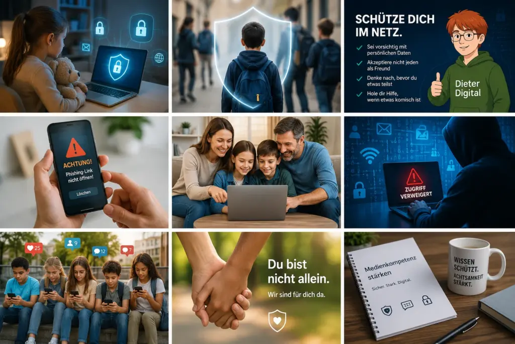 Collage mit Szenen zu Kinderschutz, Medienkompetenz, Phishing-Warnung, famili&auml;rer Begleitung und digitaler Sicherheit.