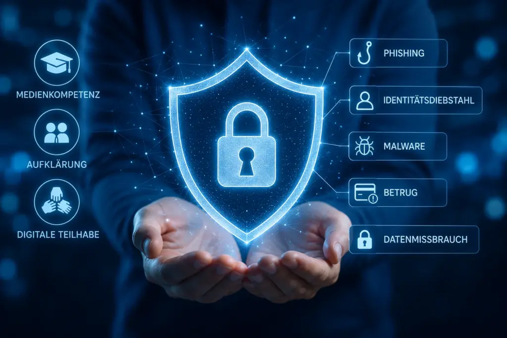 Leuchtendes digitales Schutzschild mit Schloss in Händen, umgeben von Symbolen für Medienkompetenz, Aufklärung, Phishing, Malware und Datenschutz.