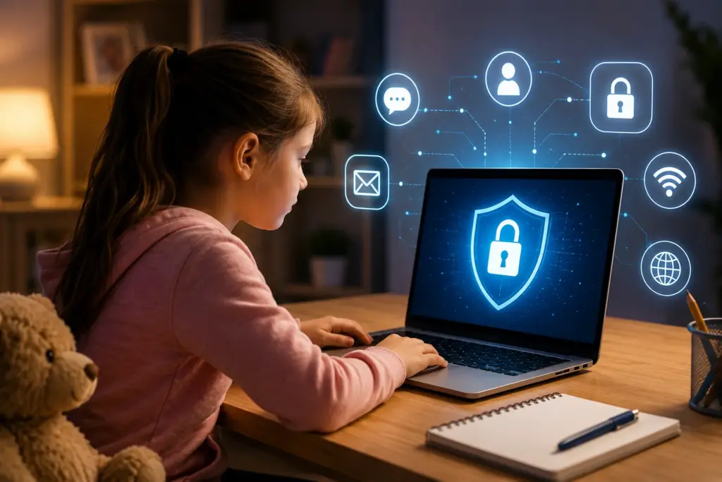 M&auml;dchen sitzt abends mit Kuscheltier am Laptop, w&auml;hrend digitale Sicherheitssymbole und ein Schutzschild den sicheren Umgang im Internet darstellen.