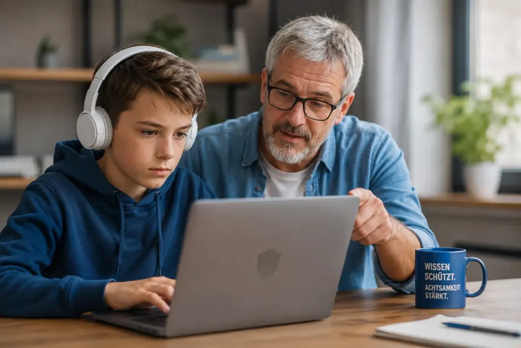 Kind mit Kopfhörern lernt gemeinsam mit einem Erwachsenen am Laptop sichere Mediennutzung und digitale Kompetenz.