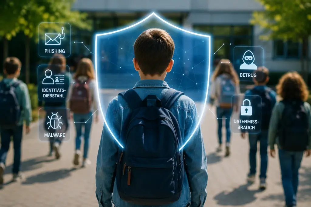Schulkind wird auf dem Schulcampus durch ein digitales Schutzschild vor Gefahren wie Phishing, Malware, Betrug und Datenmissbrauch geschützt.