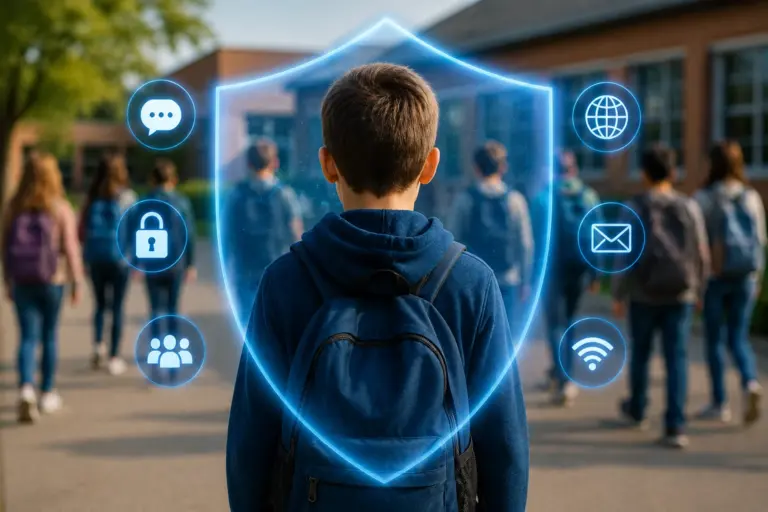 Schulkind mit Rucksack auf dem Schulhof wird von einem leuchtenden digitalen Schutzschild geschützt.