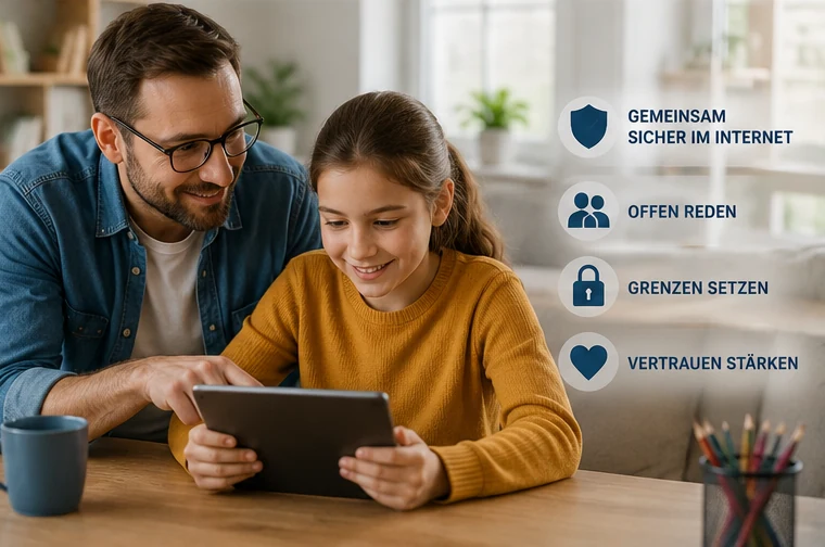 Mutter begleitet ihre Tochter am Tablet und vermittelt Sicherheit, Vertrauen und klare Regeln für die Internetnutzung.