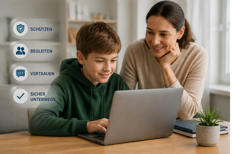 Vater unterst&uuml;tzt seinen Sohn am Laptop beim sicheren Umgang mit dem Internet.