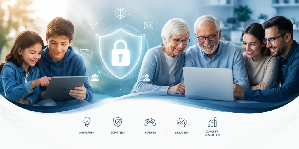 Kinder, Erwachsene und Senioren nutzen gemeinsam digitale Geräte, begleitet von Symbolen für Datenschutz, Schutz, Aufklärung und digitale Teilhabe.