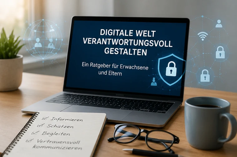 Laptop mit digitalem Sicherheitssymbol, Notizbuch und Brille als Ratgebermotiv zur verantwortungsvollen Nutzung der digitalen Welt.