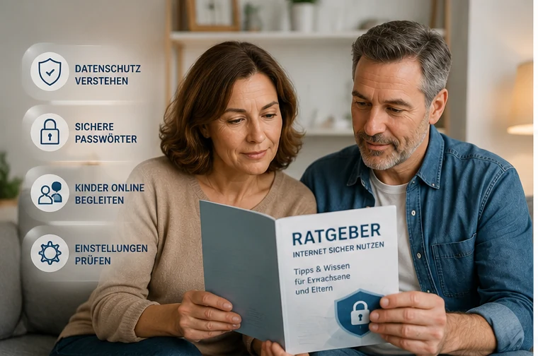 Erwachsene lesen gemeinsam einen Ratgeber zur sicheren Internetnutzung.
