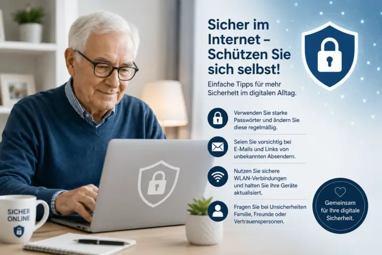 Älterer Mann am Laptop mit Symbolen für Datenschutz, starke Passwörter und sichere WLAN-Verbindungen.